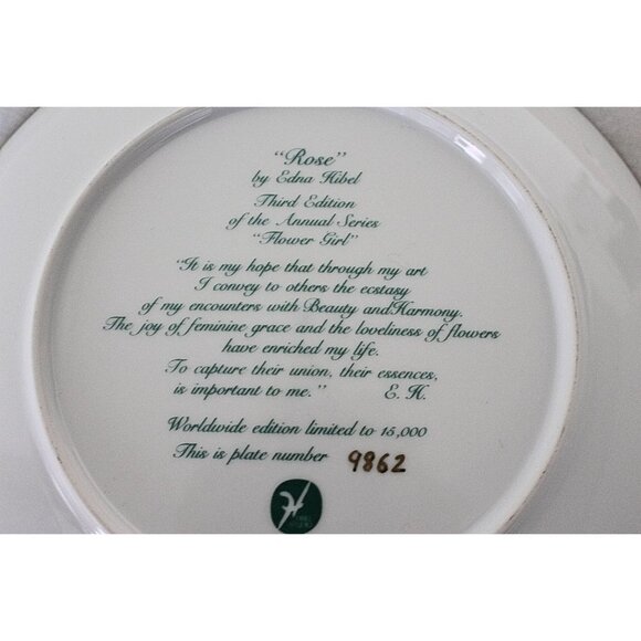 Vintage Edna Hibel Porcelain Collector Plate "Rose" - 1987 Flower Girl Series - Picture 2 of 8